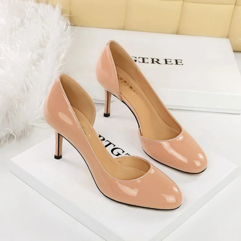 

BIGTREE Sexy Round-toe High Heels Simple Side Cutouts Women's Pumps Stiletto 8cm Evening Dress High Heeled Shoes Black Nede