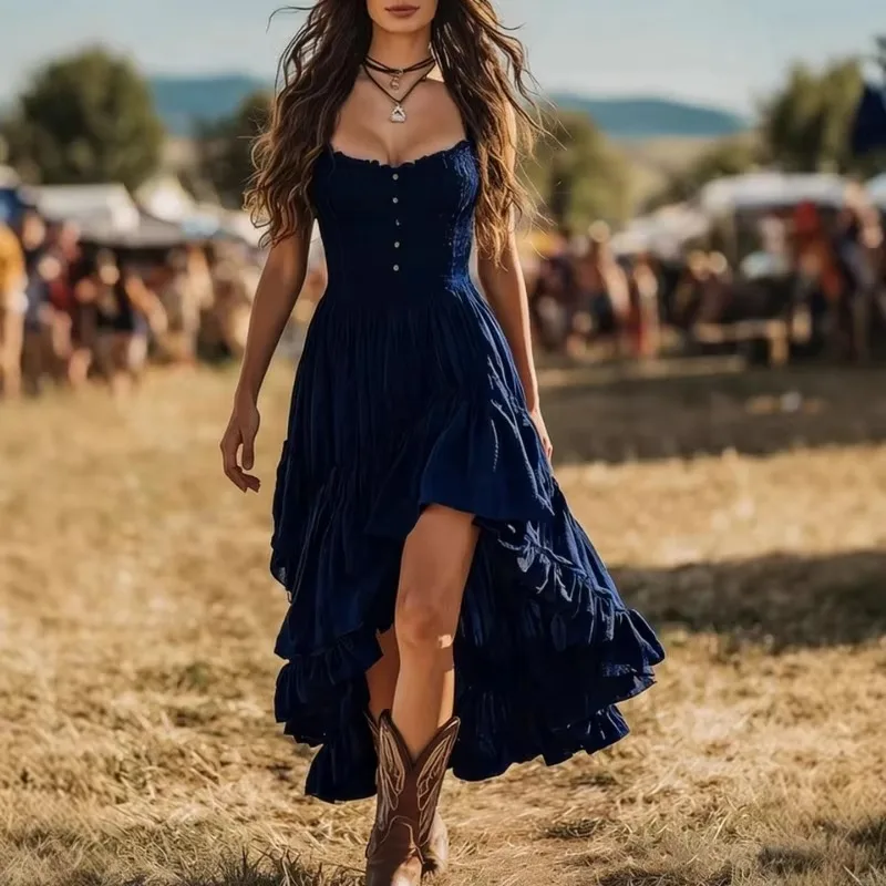 New Vintage Women's Western Boho High Low Midi Dress Retro Smocked Bodice Ruffle Tiered Flowy Vacation Chic Summer Dresses