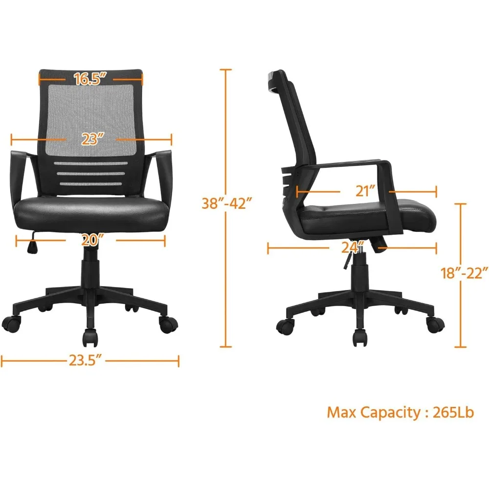 Chaise de Bureau Ergonomique avec Siège en Cuir et Dossier en Maille, Combinaison de Chaise d'Ordinateur avec Support Lombaire, Fauteuil Noir