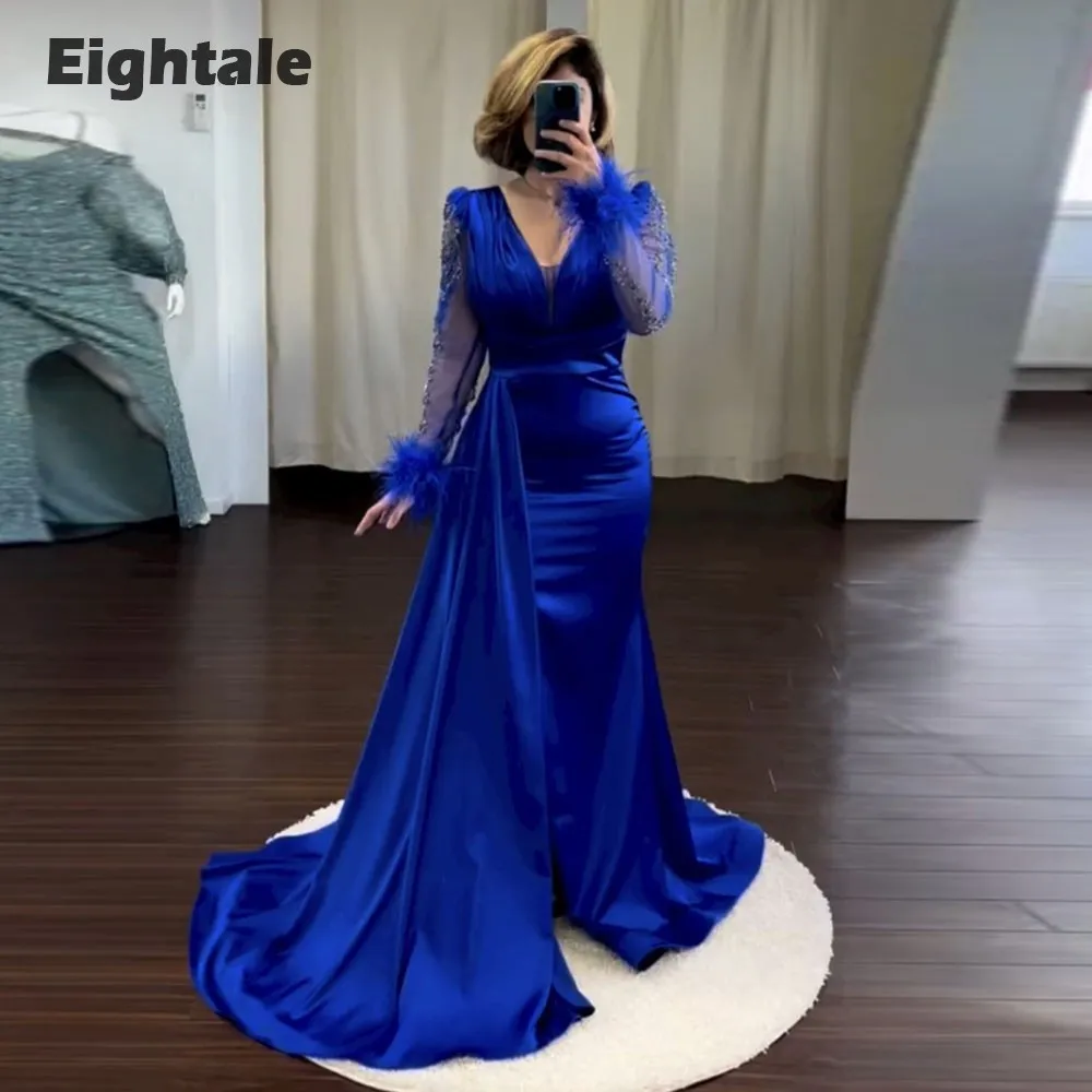 Eightale Royal Blue Evening Dress for Wedding Party V-Neck Satin Beaded Long Sleeves Arabic Dubai Prom Gowns Feather Celebrity