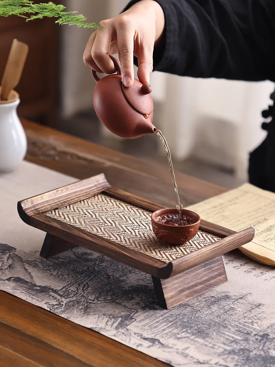 yili-タイヴィンテージ長方形ティーセットトレイ中国のドライブリューティートレイ家庭用無垢材竹籐ティートレイ