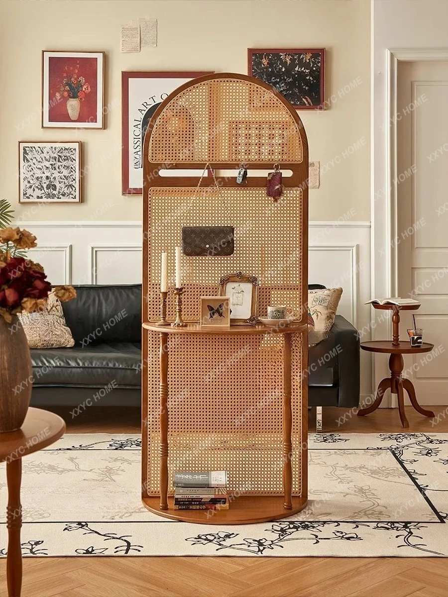 XX retro solid wood rattan screen partition living room entry door blocking entrance cabinet modern shelf
