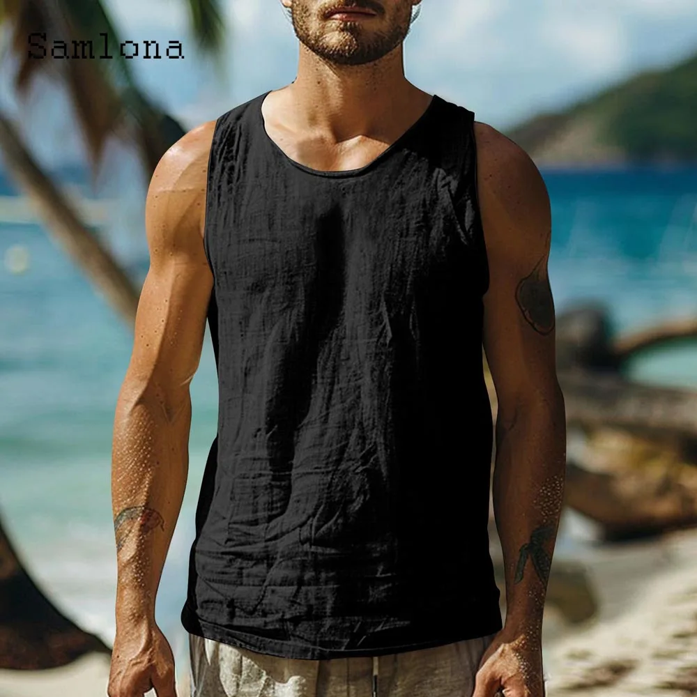 2025 الرجال أكمام تانك القمم جديد الصيف عادية القطن الكتان سترة س الرقبة الشاطئ البلوفرات مثير ملابس رجالي حجم كبير S-4XL #2