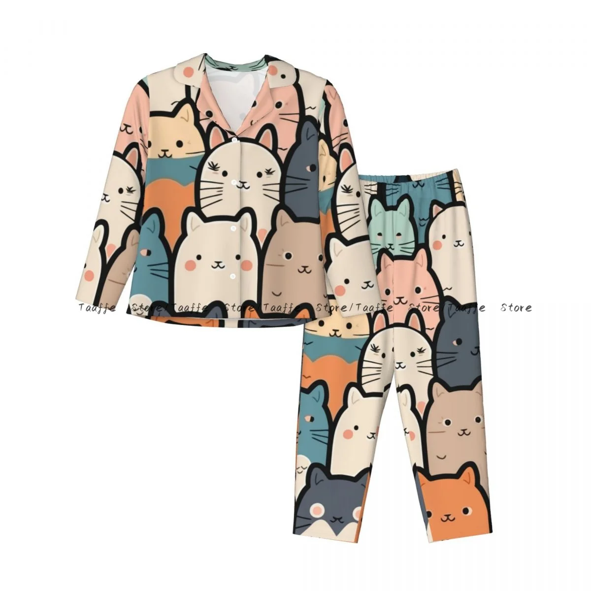 Women Sleepwear Loungewear Cartoon Cat Pattern Long Sleeve Lapel Neck Shirt and Elastic Waist Pants Pajamas Set