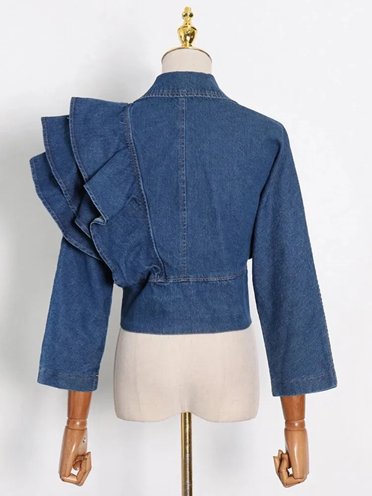 BPN Casual Denim Blouses For Women V Neck Long Sleeve Patchwork Ruffle Solid Pullover Vintage Shirts Female Fashion Clothing New