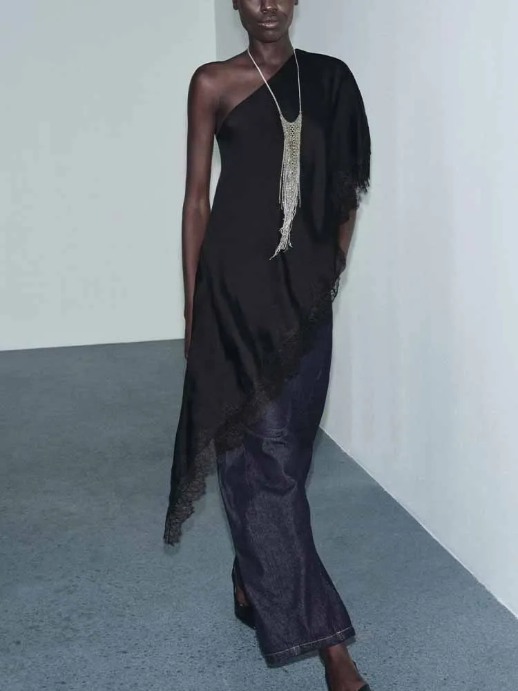 

Зимние новые поступления в европейском и американском стиле, модная и модная простая женская одежда, асимметричный кружевной топ