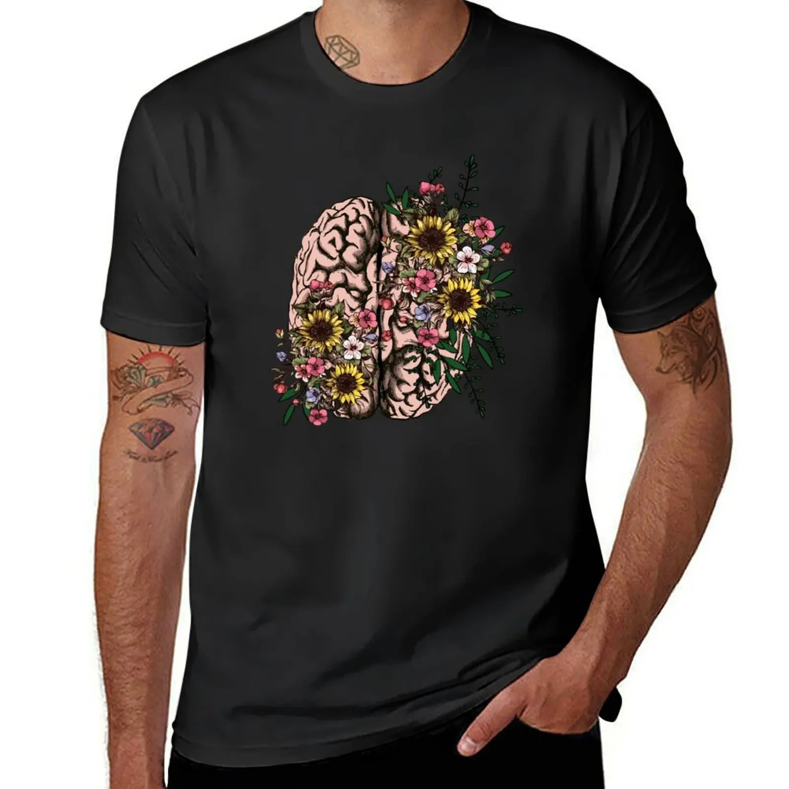 Brain, leaves, pink flowers and sunflowers, Positivity, creativity, right hemisphere brain, health, Mental, T-Shirt