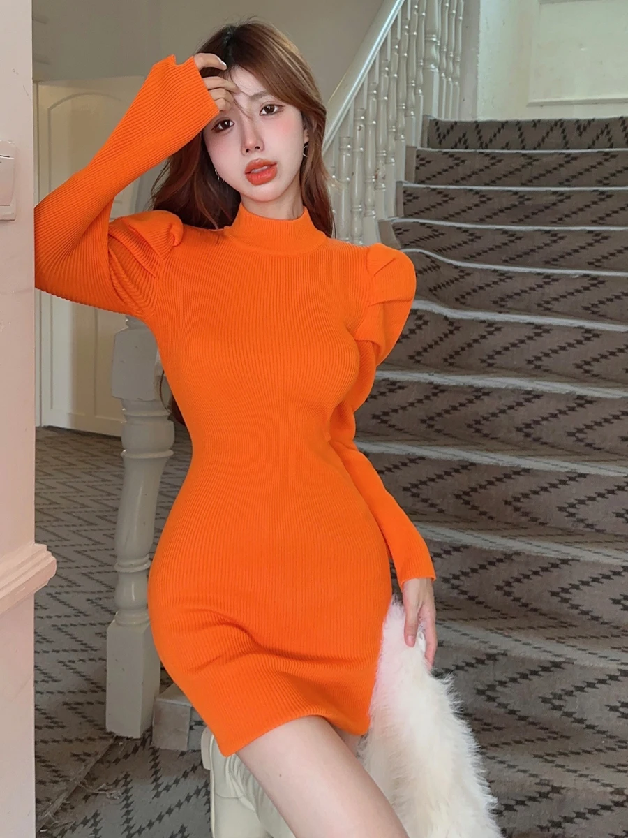 Korean Style Casual Bubble Sleeve High Collar Long Knitted Dress Slim Fit Waist Cinched Bodycon Short Skirt Women's Fashion