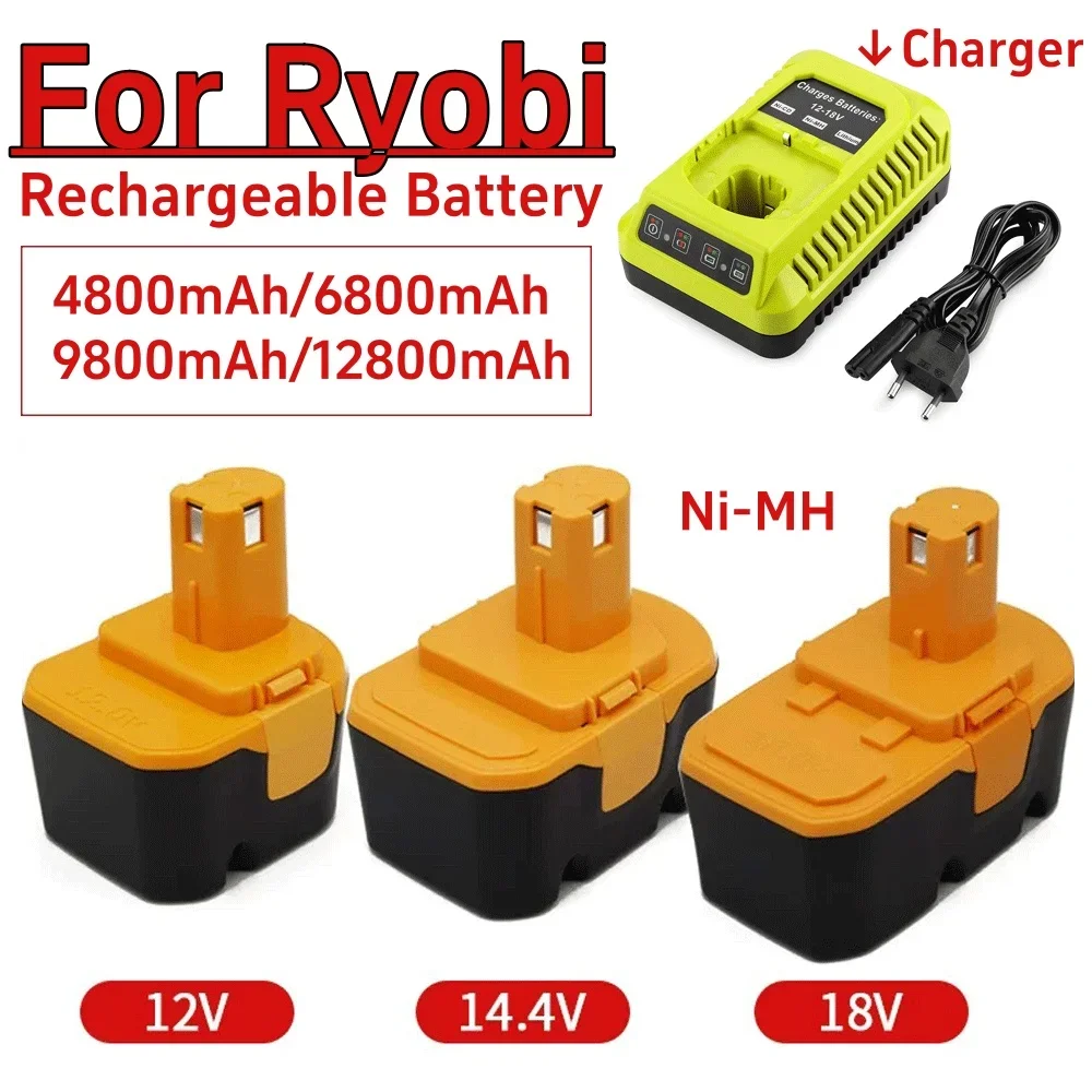 12V 14.4V Suitable For Ryobi 18V 4800/6800/9800/12800mAh Ni-MH Rechargeable Battery Cordless Power Tool