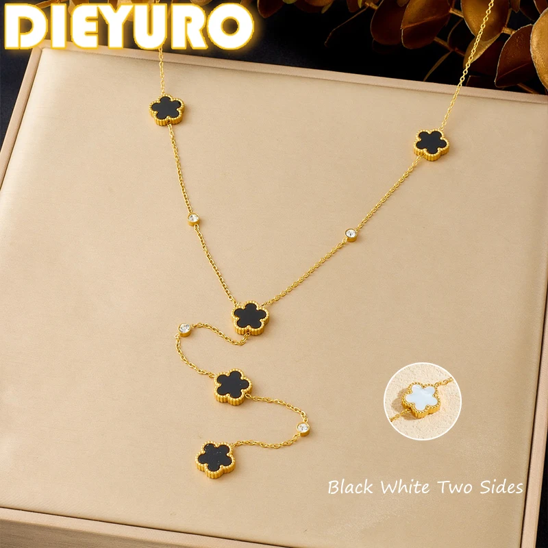 DIEYURO 316L Stainless Steel Black White Double Sided Flip Five Leaf Flowers Long Tassel Necklace Lady Sweater Chain Jewelry