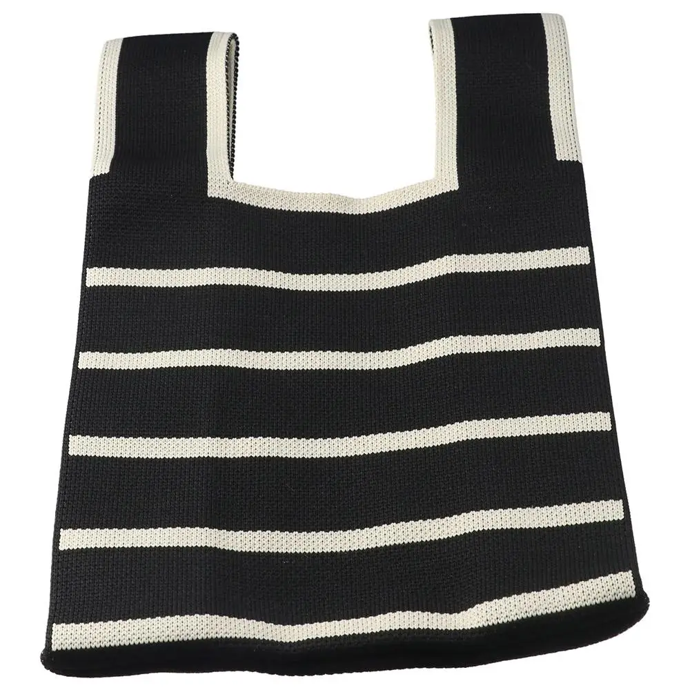 Women Wide Stripe Reusable Knot Wrist Bag Knit Handbag Shopping Bags Plaid Tote Bag