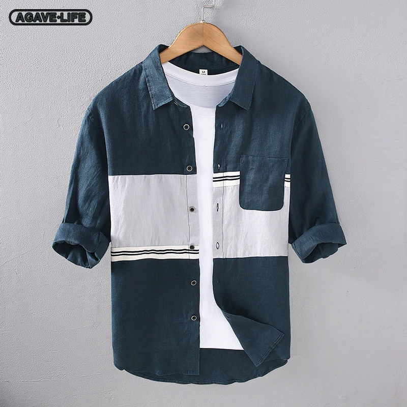 

Spliced Pure Linen Mid-sleeve Shirts Men's Summer Thin Breathable Full Hemp Seven-quarter Sleeve Shirt Men Casual Cardigan Shirt