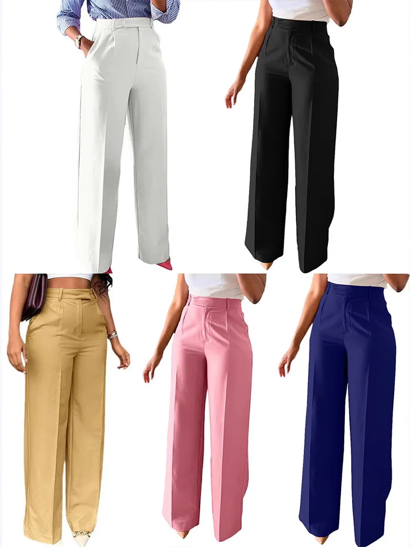 High Waist Wide Leg Pants Pure Color Straight Cut Trousers for Women High Waist Comfortable Fit Long Straight Pants