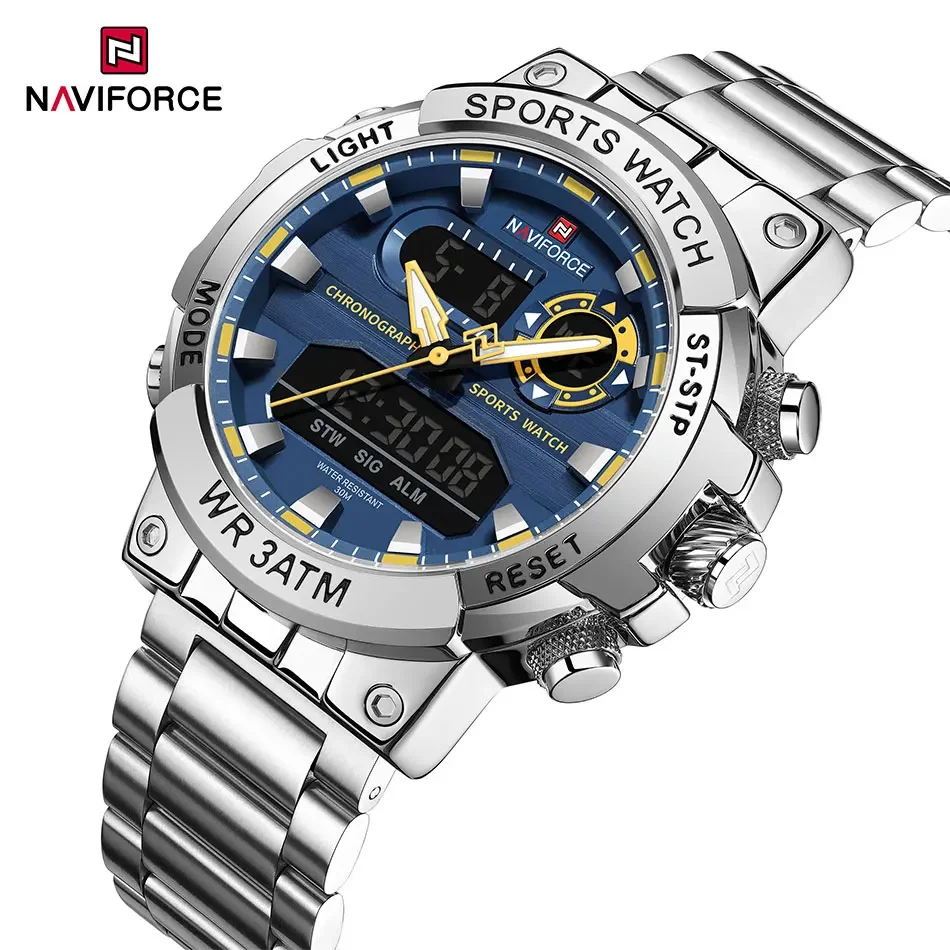 NAVIFORCE Dual Display Watch Men Fashion Full Steel Sport Military Men's Quartz Wristwatches Casual Waterproof Chronograph Clock