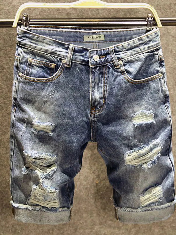 2024 Summer New Fashion Solid Color Ripped Stretch Denim Shorts Men\'s Casual Slim Comfort High Quality Plus Size Shorts 28-36