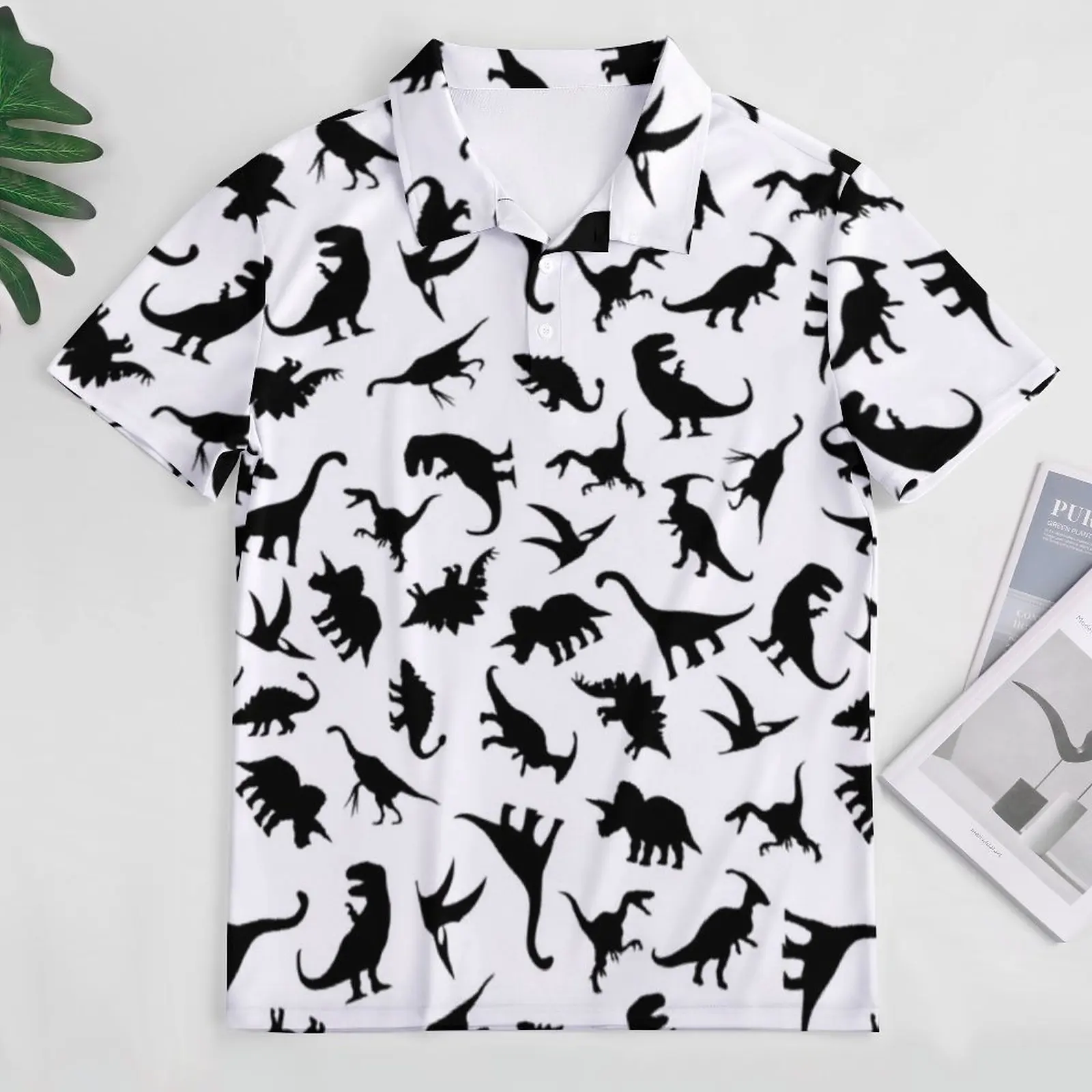 Cute Dinosaurs Pattern Casual T-Shirts Black Dinos On White Raptor Polo Shirts Man Trendy Shirt Daily Short Sleeve Graphic Tops