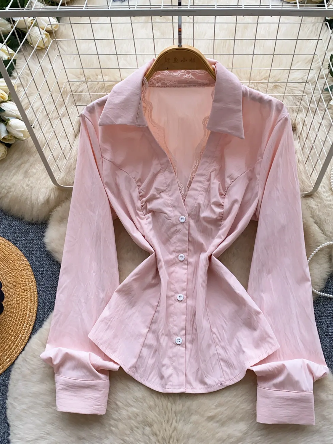 

Women's Pink Lace V-Neck Blouses and Shirts Vintage Elegant Fashion Luxury Blouse Korean Style Long Sleeve Shirt for Women 2026