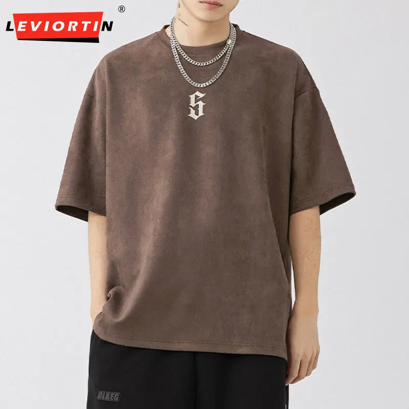 

2025 мужская весенне-летняя новая модная брендовая свободная многоцветная замшевая футболка с короткими рукавами и американским буквенным принтом