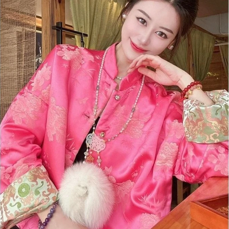 2025 Spring Woman Clothes Vintage Chinese Style Printed Floral Tang Costume Coat , Loose Flower Pattern Coats for Women