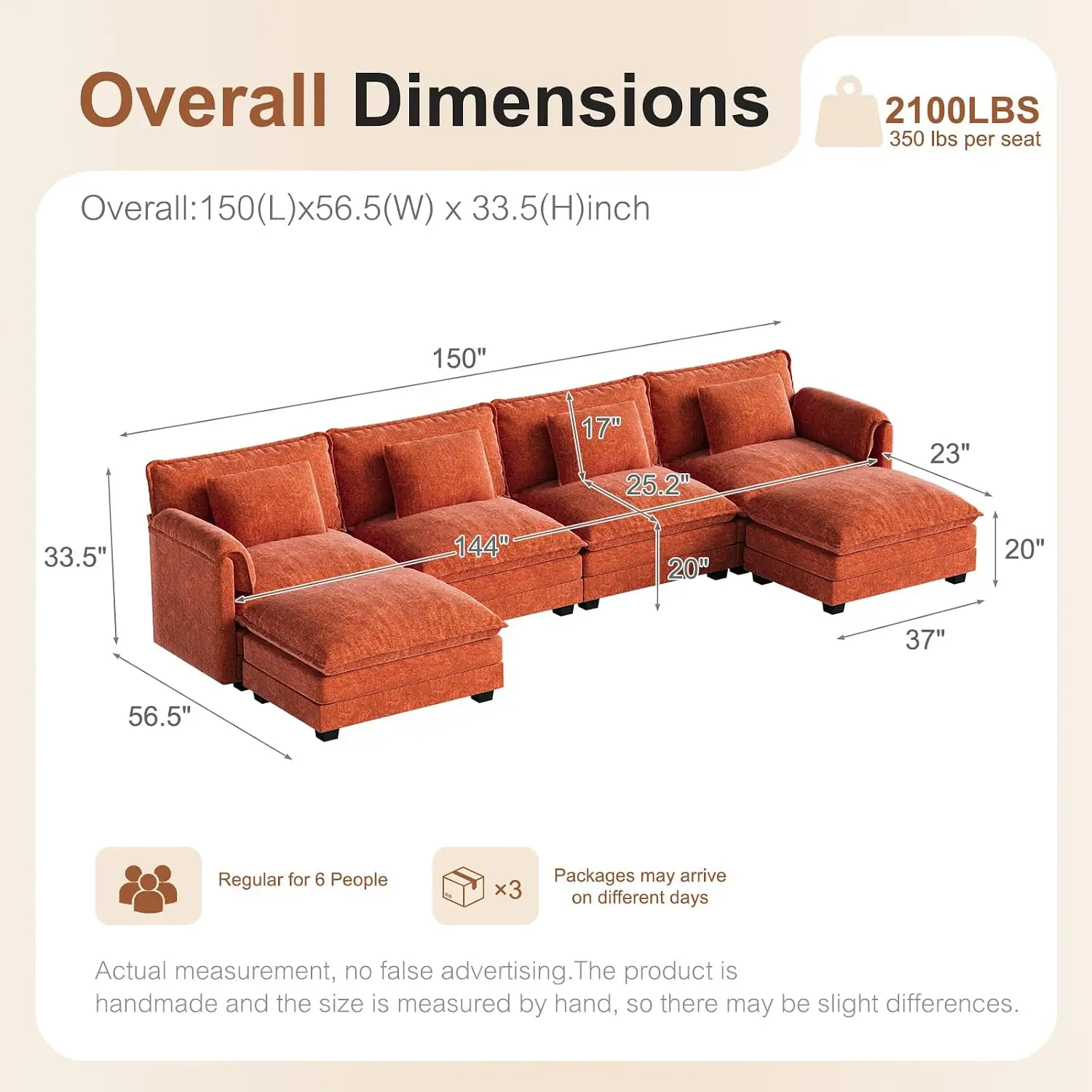 U Shaped Modular Sectional Sofa, 6-Seat Deep Seat with 4 Pillows, Chenille for Living Room & Bedroom, Orange, Customized