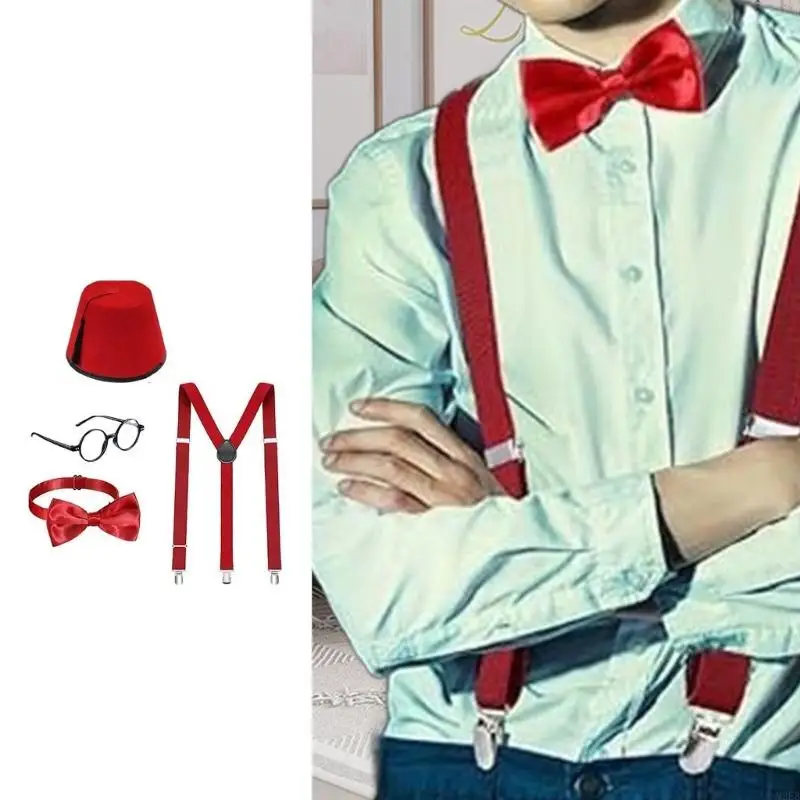 2025 New 4PCS Adjustable Suspenders Bowtie Glasses Fez Tarboosh Hat Set for Men Moroccan Theme Party Costume Set and Accessory