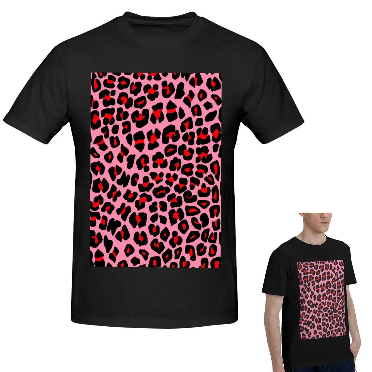 

100% хлопок, красная розовая футболка с леопардовым принтом, мужская модная футболка большого размера, мужские летние рубашки с круглым вырезом, топы S-6XL