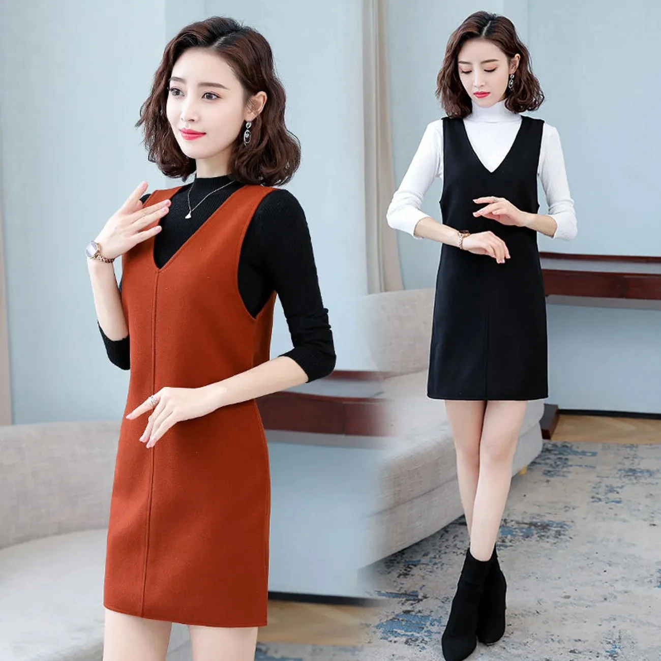 Woolen Dress Women\'s New Sleeveless Strap Dress Spring Autumn Mid Length Slim All-match Elegant Spaghetti Bottom Wool Vestidos