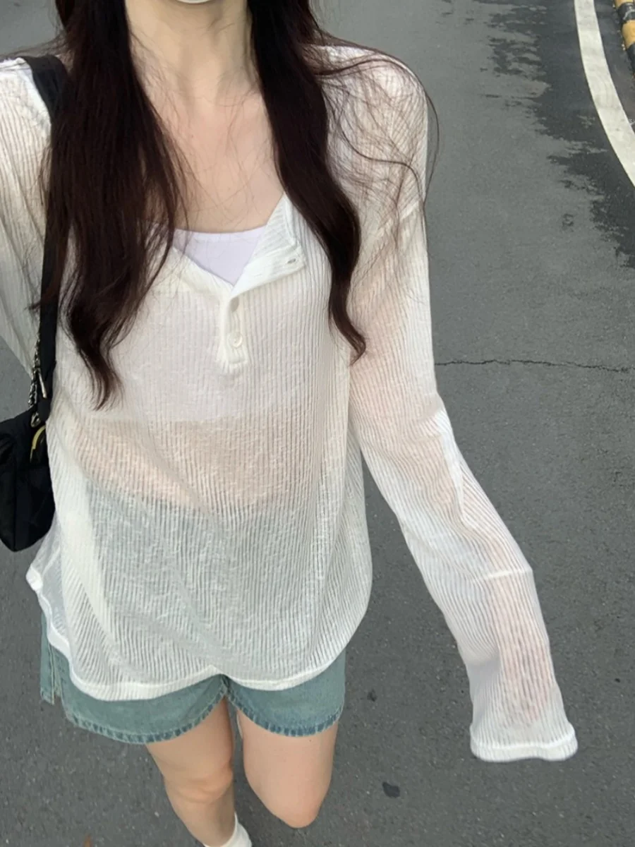 

Ladies Summer New Loose Long Sve round Ne Thin Bal Cover up T-irt Casual Simple Faionable Sun Protection Top