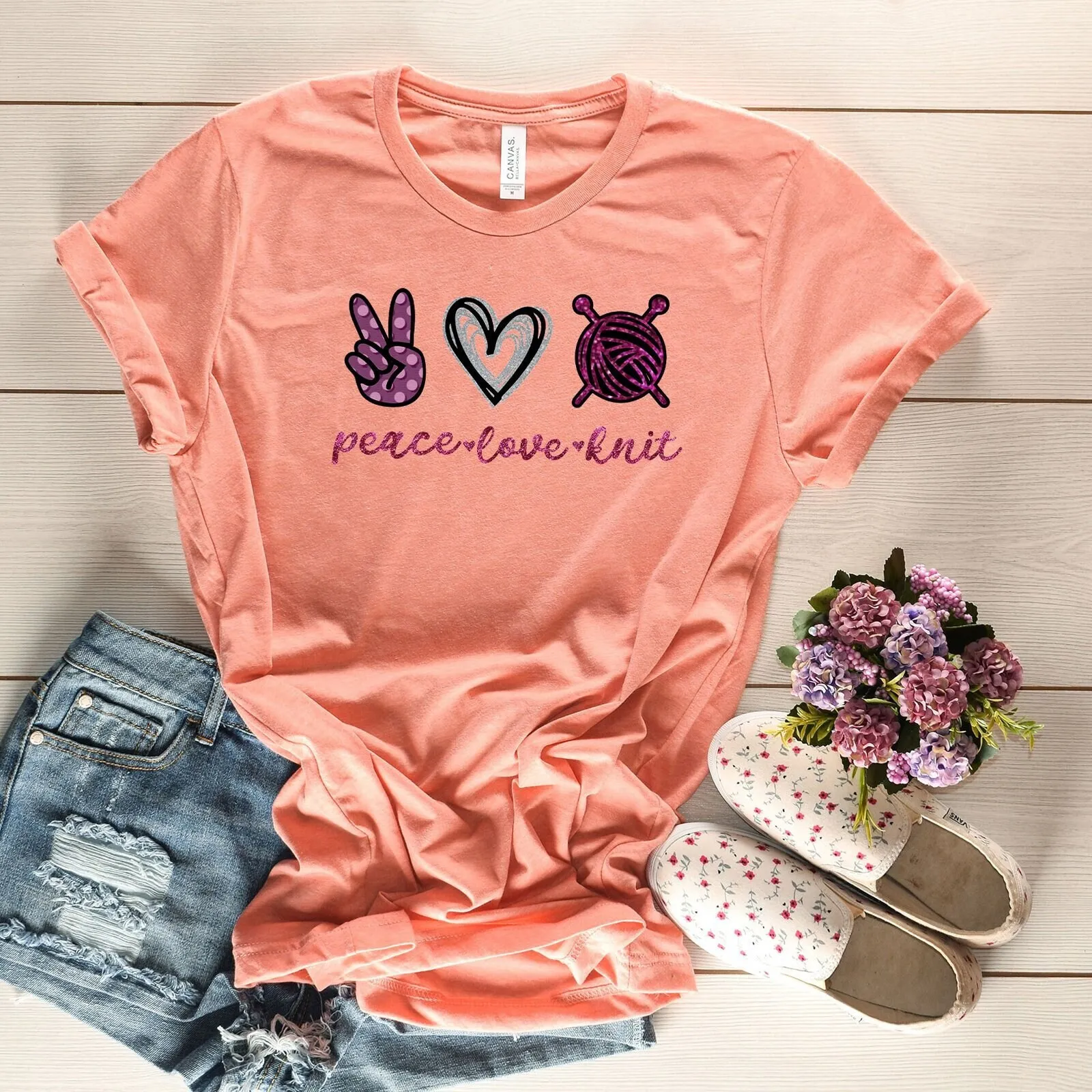 Peace Love Knit T Shirt Knitting Crochet Lovers S Yarn More Worry Less Cute