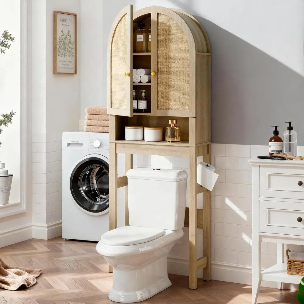 Modern Rattan Door Over Toilet Storage Cabinet with Adjustable Shelf, Arched Design for Space-Saving Bathroom Organization