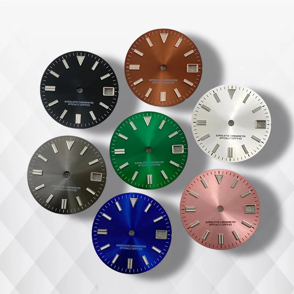 Esfera Sunburst con logotipo S de 28,5mm compatible con movimiento japonés NH35/NH36/4R/7S, accesorios de modificación de reloj luminosos verdes de alta calidad