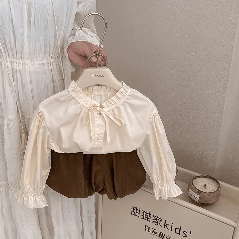 Autumn Children Girls 3PCS Clothes Set Cotton Bubble Sleeve Shirt Suits Khaki Sinlge Breasted Vest Flower Bud Shorts Outfits