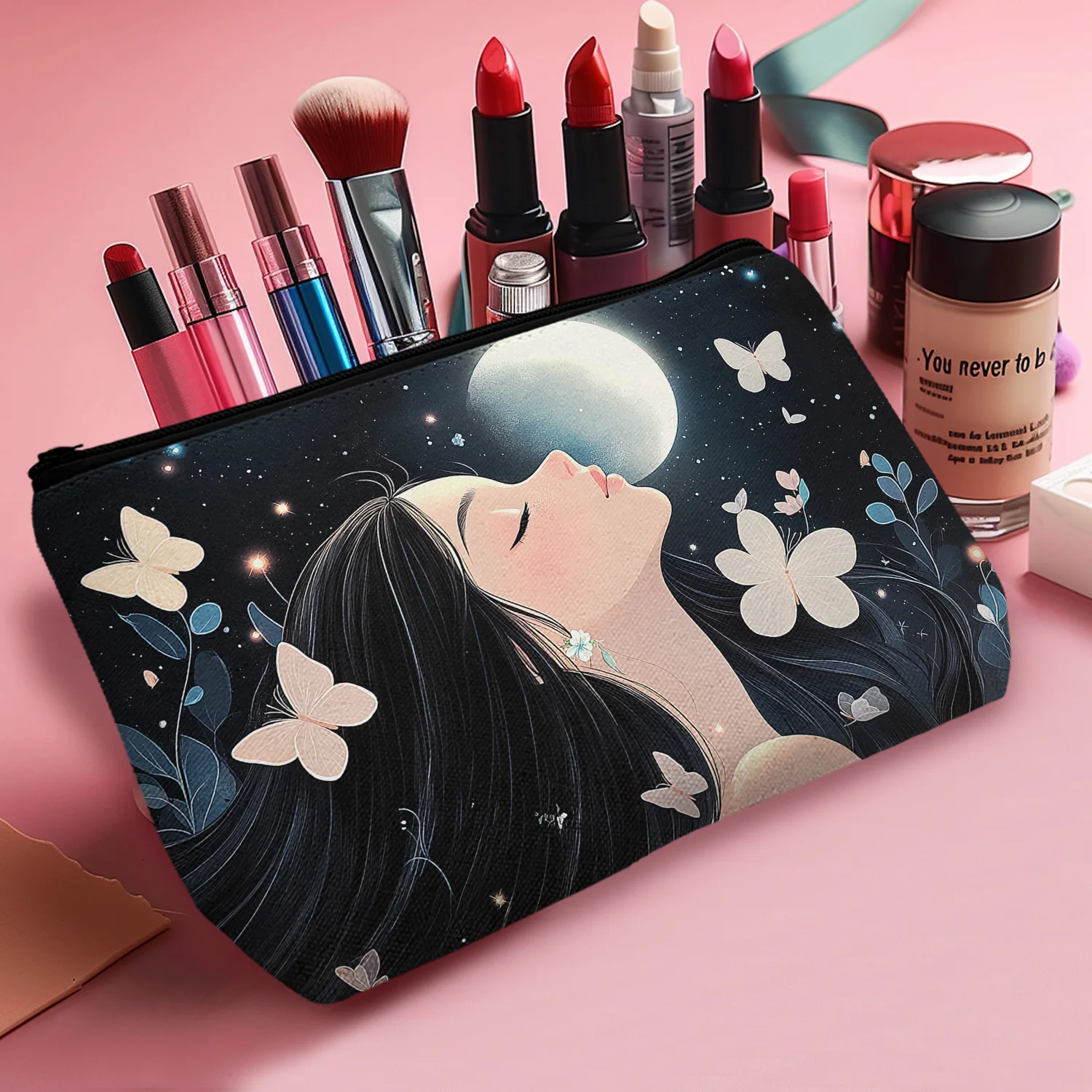 1Pc Aesthetic Cute Makeup Bag Moon Star Butterfly Fashion Zipper Portable Makeup Bag Best Gift For Friends And Sisters