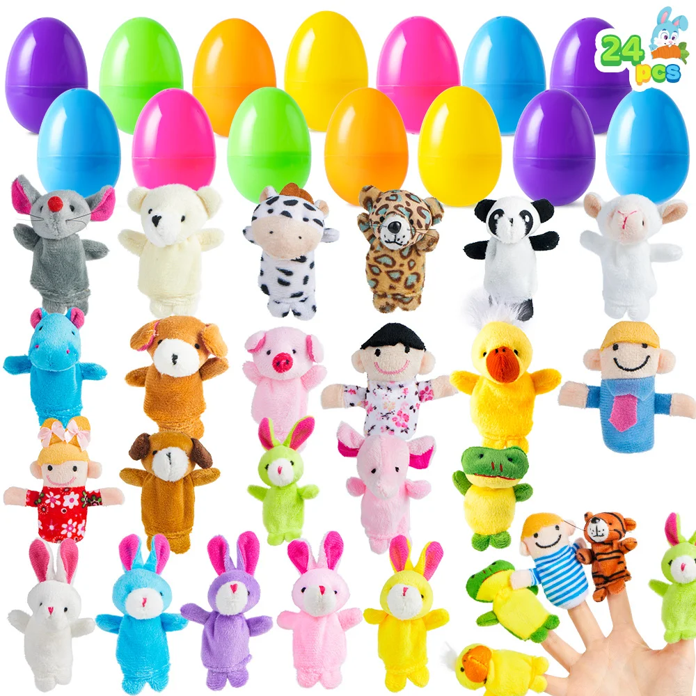 JOYFY 24 Pcs Easter Eggs Filled with Finger Puppets Prefilled Egg with Cartoon Animal Puppets Easter Hunt Basket Stuffers Filler