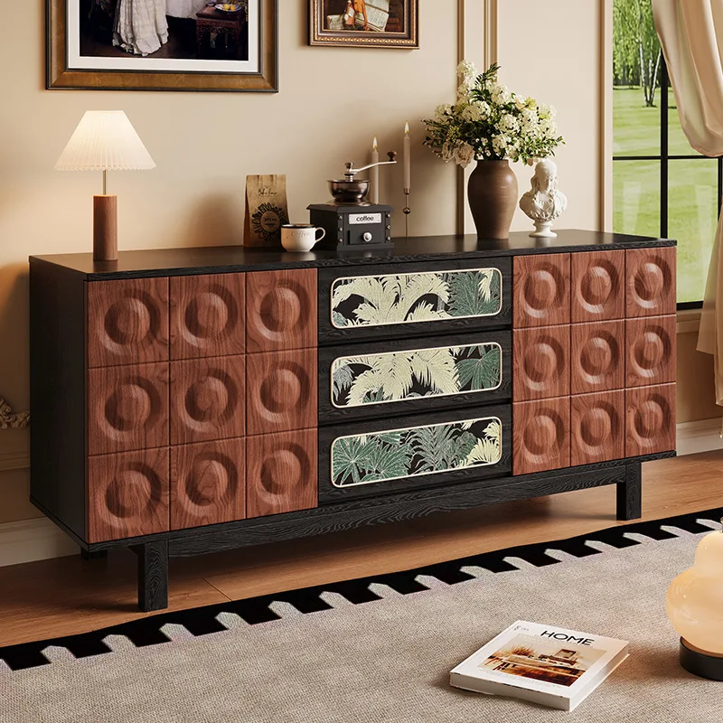 

French retro solid wood dining side cabinet, living room against the wall integrated locker, designer flower cloth three buckets