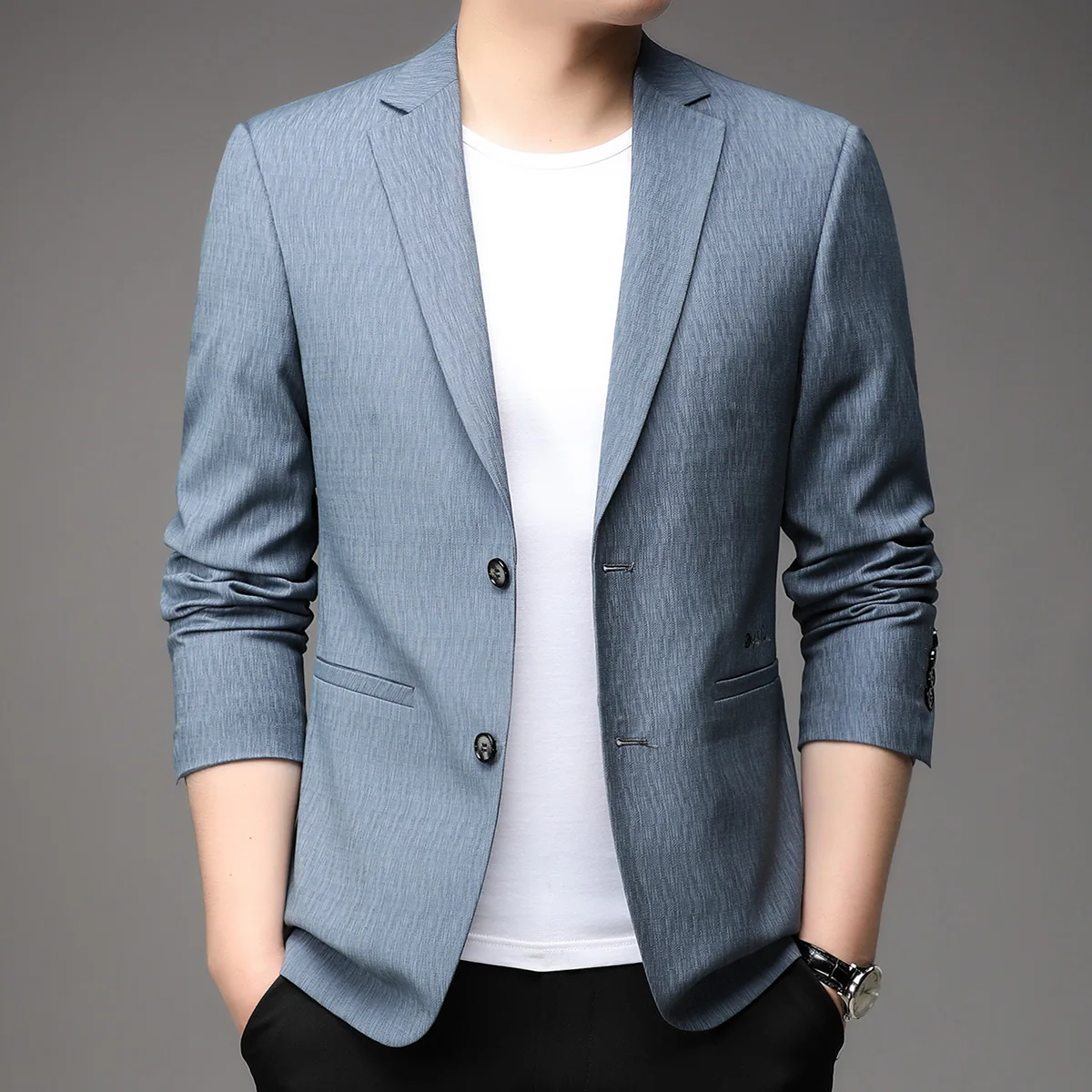 

Весенне-осенний легкий мужской повседневный пиджак с текстурной тканью, тонкая версия, деловой стиль, с круглым низом, на одной пуговице