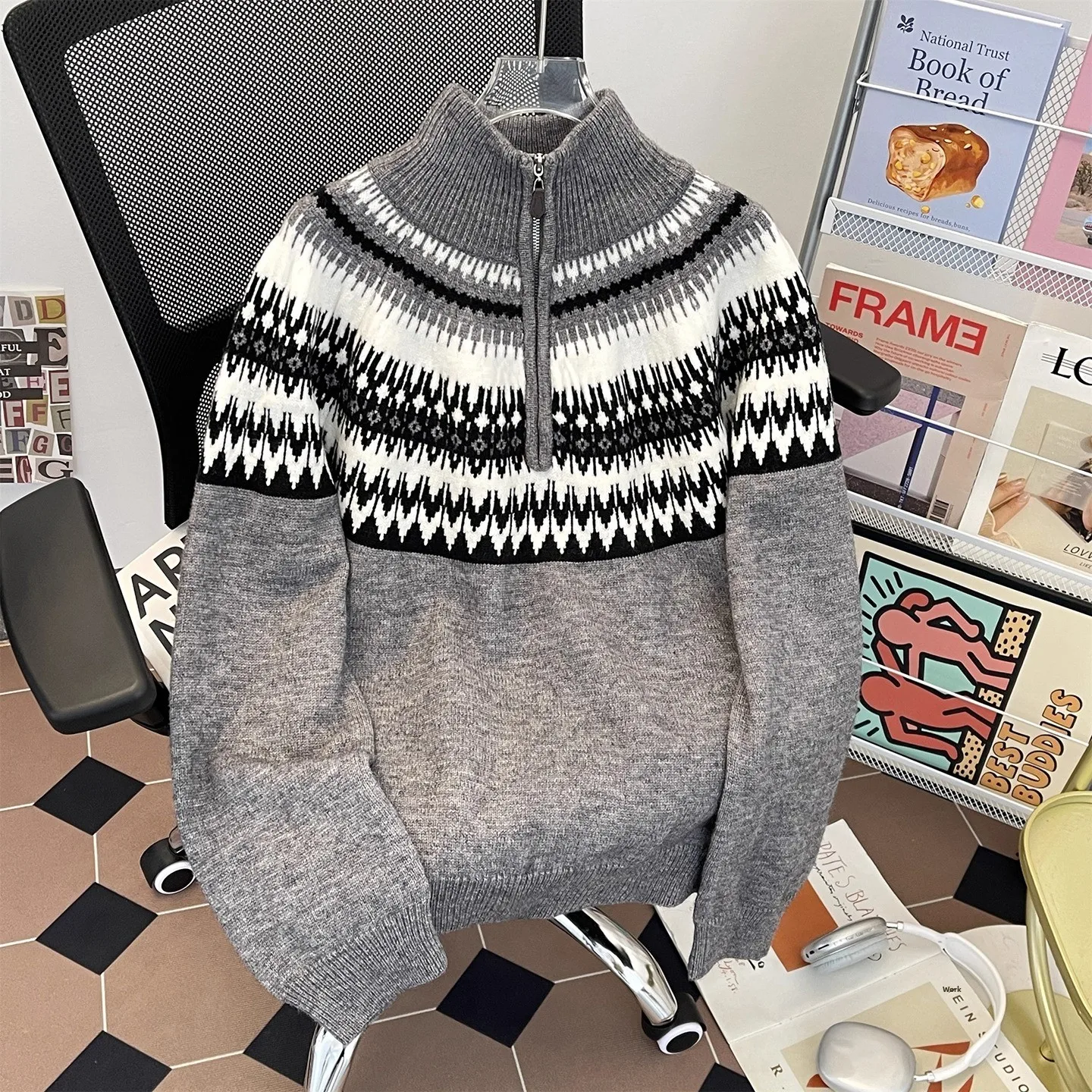 

Fall Winter Large Size 250 Pou Fair Isle Knit Sweater Men's American Sle f High Collar Zipper Couple's Knitted irt