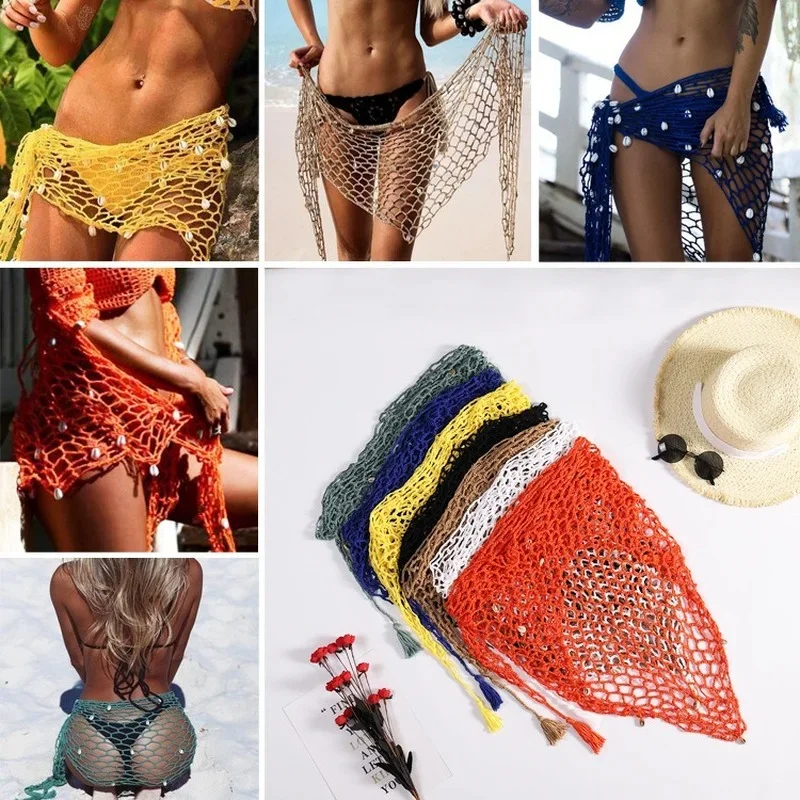 Sexy Fishnet Cover-ups Sexy Beach Dress Women Halter Sling Chiffon Beach Towel Bikini Wrap Pareo Skirts Open-Back Swimwear