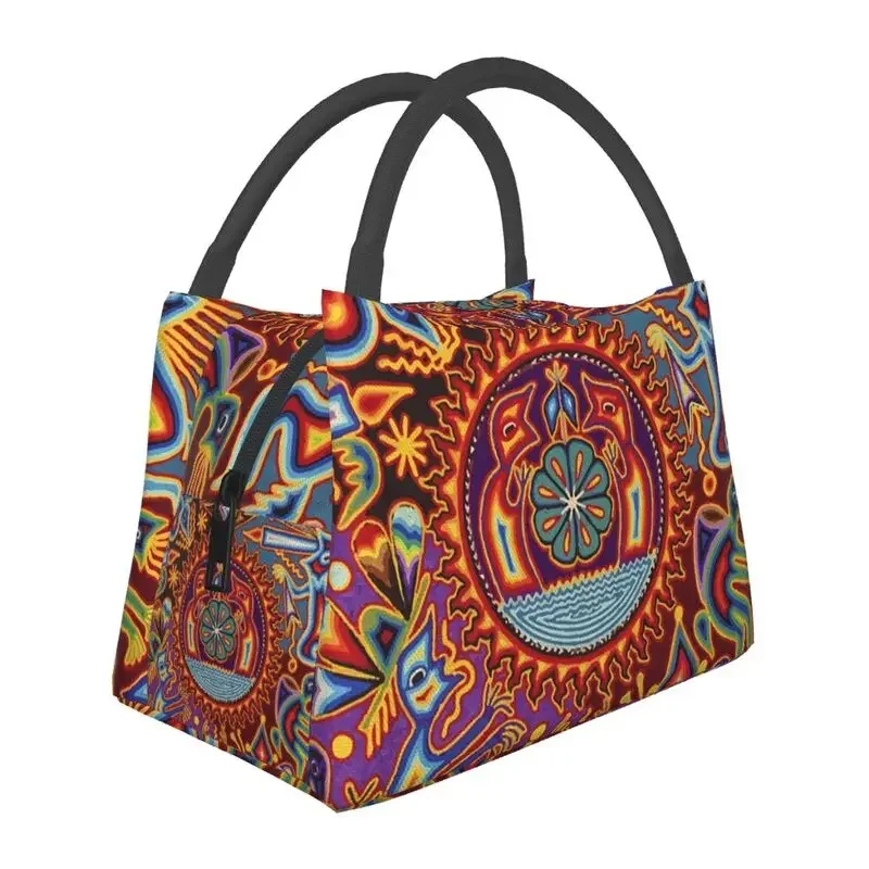 Huichol Mexican Folk Portable Lunch Boxes for Women Multifunction Thermal Cooler Food Insulated Lunch Bag Work Pinic Container