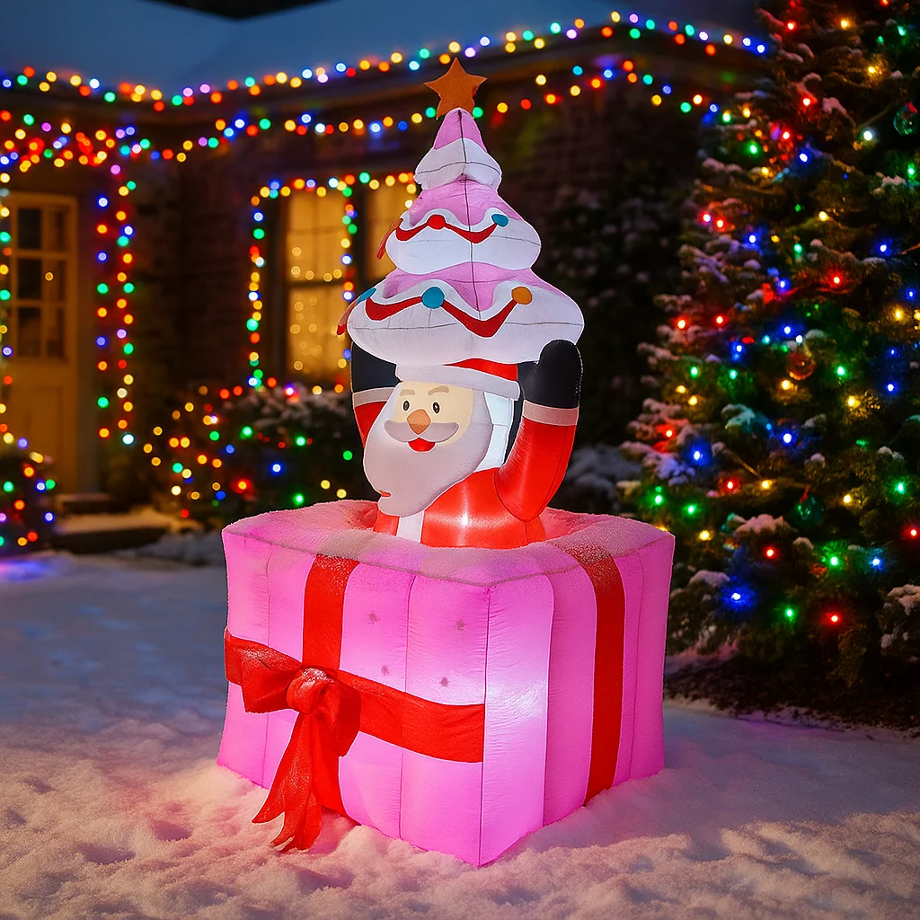 1.8M/5.9FT Inflatable Santa Claus with Christmas Tree Gift Box LED Lights Home Decorations Toys Yard Xmas Supplies Holiday Decor