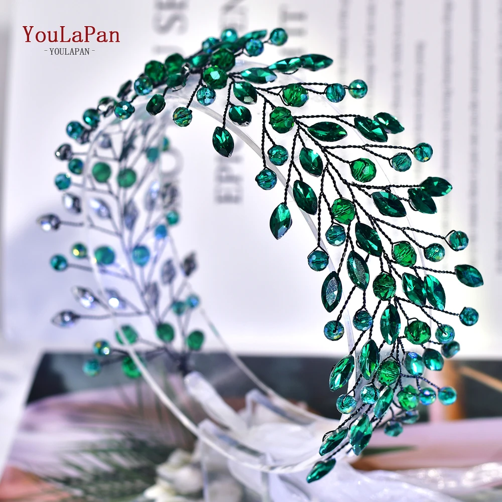 

YouLaPan Wedding Headband for Women Trendy Green Color Rhinestone Bridal Headpiece Handmade Party Hair Accessories Jewelry HP799