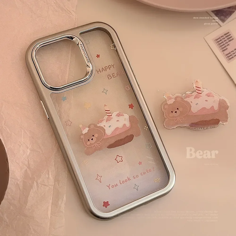 Ins Style Electroplating Cake Bear Phone Case for IPhone16 15 14 12 13 11 Pro ProMax Plus X XR Shockproof Phone Cover