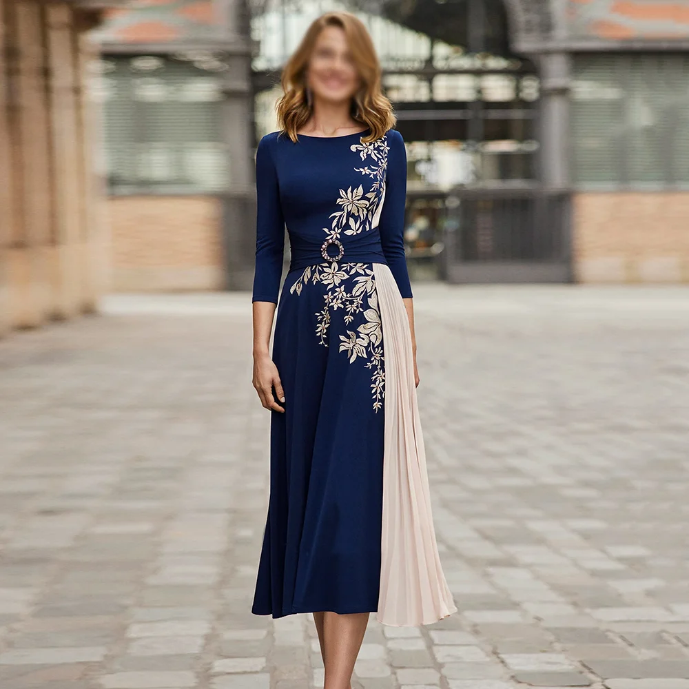 Blu Navy madre della sposa abiti Appliques di pizzo pieghe lunghezza del tè abito da sposa semplice lungo manica 3/4 abiti da ballo