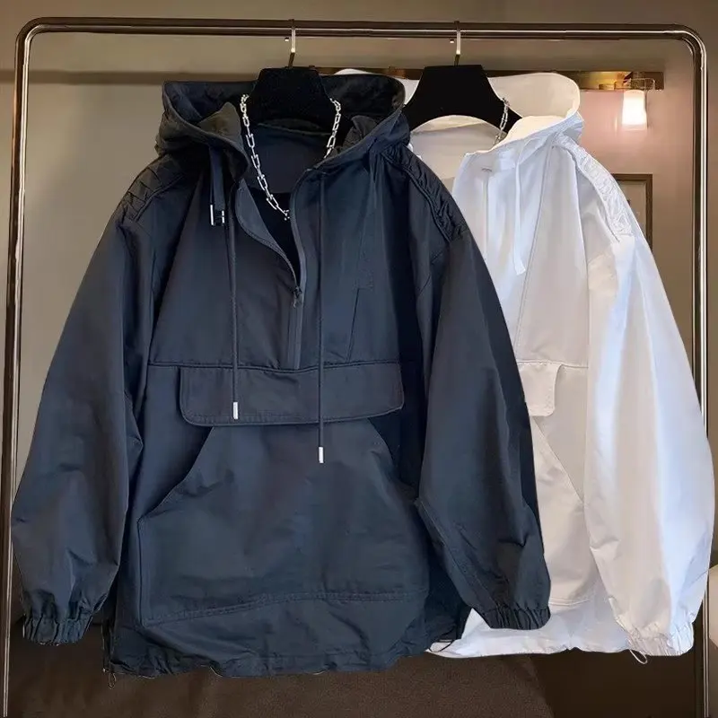 

Модная белая ветрозащитная куртка с капюшоном, тонкий дизайн, свободный крой, молодежная, из полиэфирного волокна, с длинными рукавами, на молнии