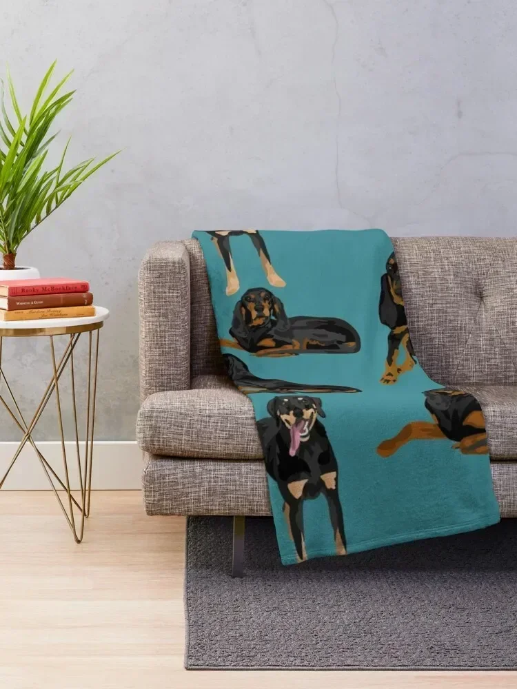 Black and Tan Coonhounds on Teal Throw Blanket Decorative Sofas Decorative Throw Blankets