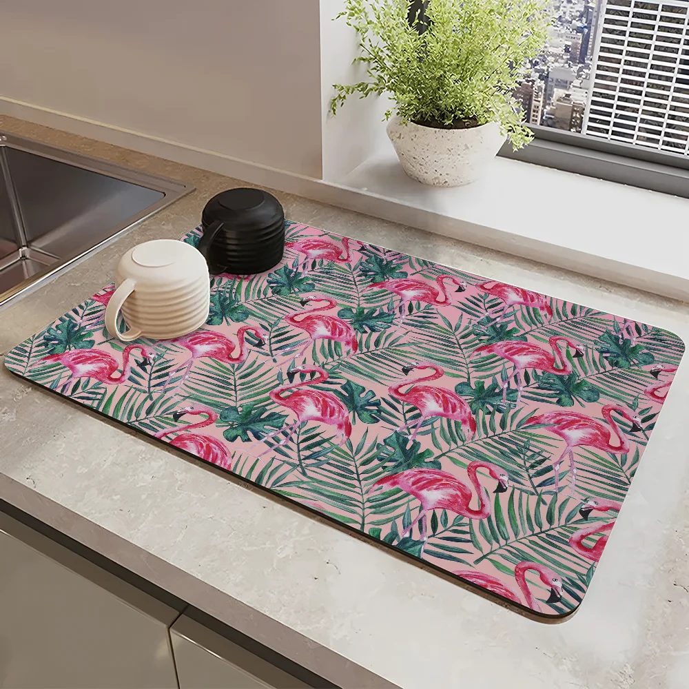 

Pink Flamingo Printed Draining Pad Drying Mat For Kitchen Bar Coffee Dishes Rubber Quick Drying Water Absorbent Anti-slip Mat