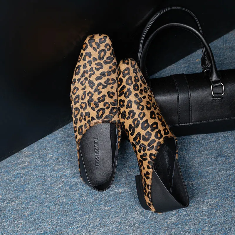 Genuine Leather Horsehair Women Loafers,Square toe Slip-on Leopard Womens Shoes,Low Heels Work Casual Shoes