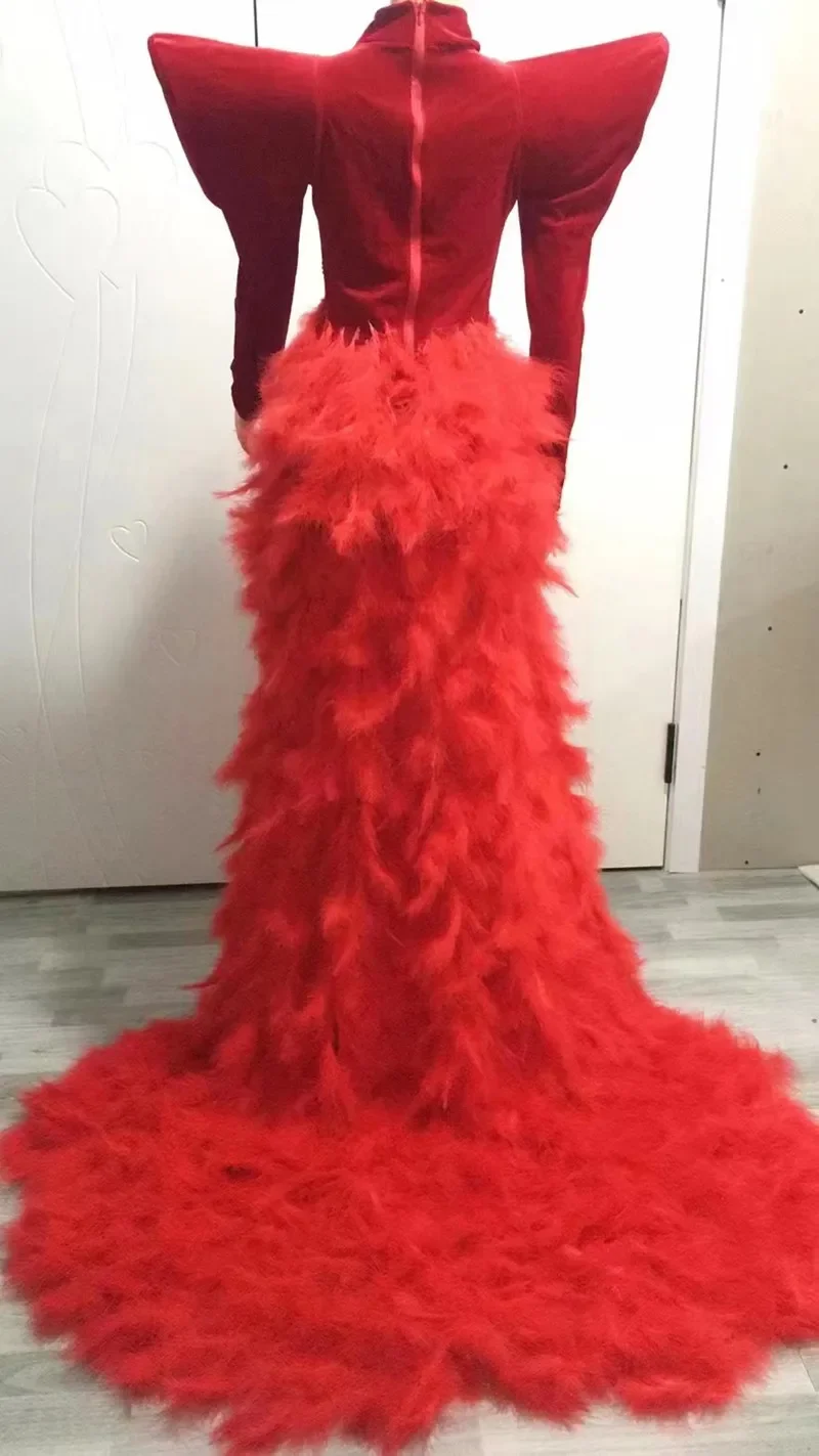 Vestido rojo y negro con diamantes de imitación para mujer, traje de manga larga para espectáculo, ropa de calle elástica, traje de Drag Queen, barclub nocturno