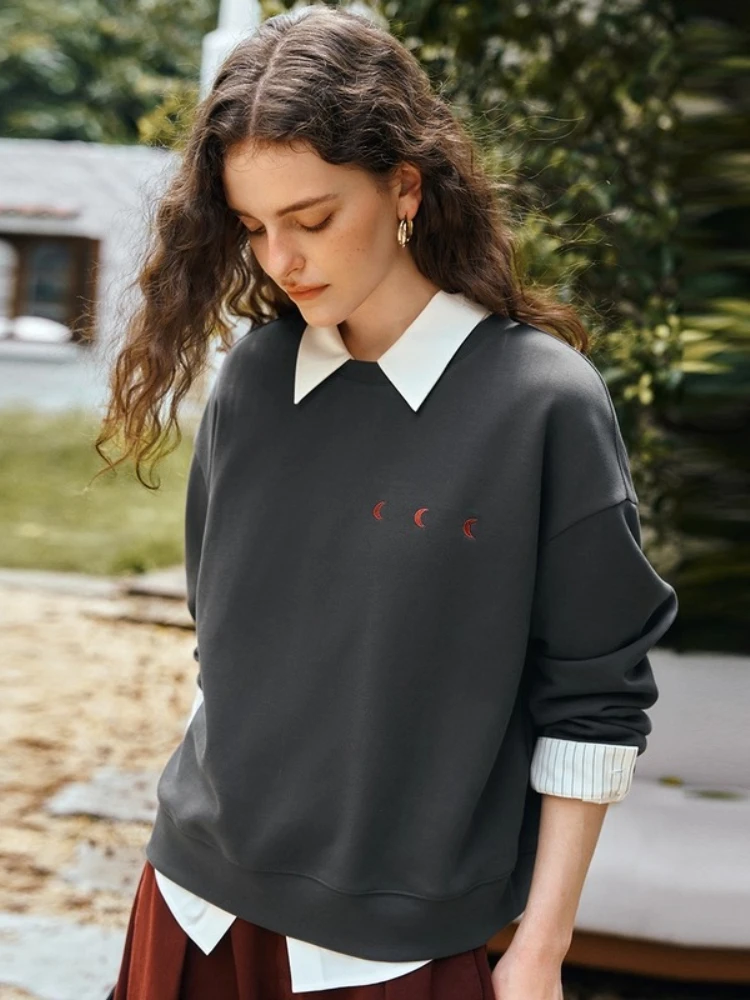 OLrain Casual Sweatshirts Woman Solid O-Neck Long Sleeve Embroidery Pullovers 2025 Autumn Women Loose Pullovers Tops O57QR001083