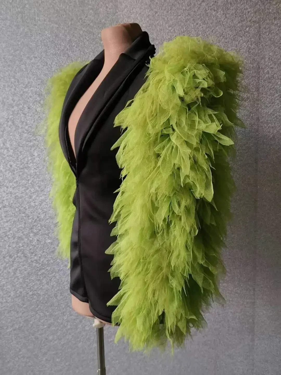 Blazer noir pour femmes, vêtements de scène, robe à col, Design vert, manches bouffantes, Costume de chanteur Drag Queen, vêtements de scène pour boîte de nuit Jazz